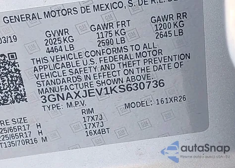 2019 Chevrolet Equinox Lt from USA, damaged, VIN 3GNAXJEV1KS630736
